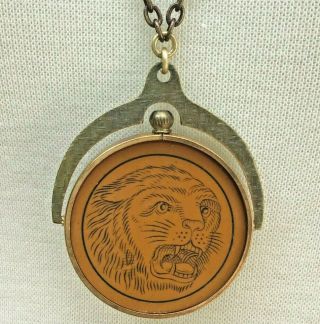 Vtg Roaring Lion Pendant Necklace - Antique Clay Poker Chip Spinner fob men 3