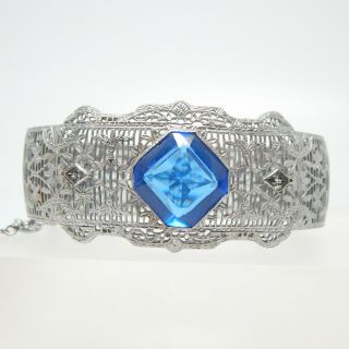 R.  M.  Co Art Deco Antique Royal Blue Cut Cushion Glass Silver Filigree Bracelet