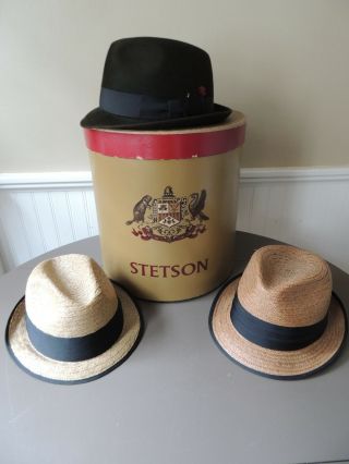 Vintage 3 Stetson Fedoras In Tall Hat Box 7 3/8