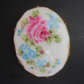 Antique Brooch Hand Painted Porcelain Rose Cameo Gold Gilt Victorian Pin 2 - 1/8 "