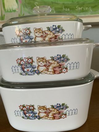 Set Of Rare Garden Cat Corning Ware A - 1 - B 1l,  A - 2 - B 2l And A - 3 - B 3l