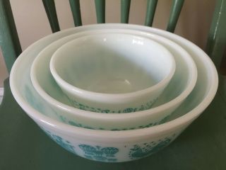 Vintage Pyrex Turquoise Amish Butterprint Nesting Mixing Bowls 401 402 403 3