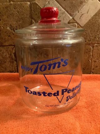 Vintage Tom’s Toasted Peanuts Delicious Glass Display Jar Blue Label & Red Lid