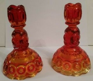 Moon And Star Amberina Le Smith Glass Candlesticks Candle Holders Vintage 6 1/4 "