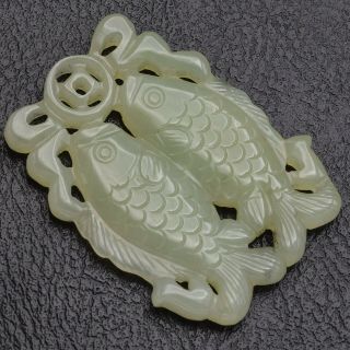 Vintage Green Jade Carved Koi Fish Pendant 19.  4 Grams 53.  4 X 40.  5 Mm