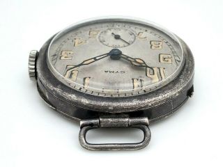 RARE CYMA 1915 - 1920 WWI MILITARY TRENCH STERLING SILVER 925 Dial RUNS 10