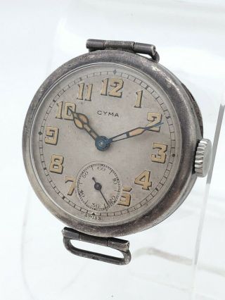 RARE CYMA 1915 - 1920 WWI MILITARY TRENCH STERLING SILVER 925 Dial RUNS 2