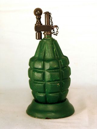Vintage Heavy Green Figural Hand Grenade Table Lighter With Vintage Fitment