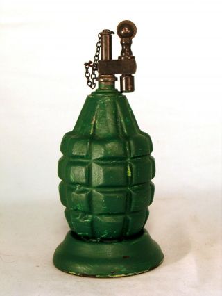 Vintage heavy green figural hand grenade table lighter with vintage fitment 3