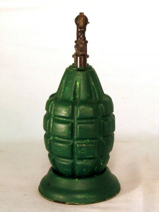 Vintage heavy green figural hand grenade table lighter with vintage fitment 4