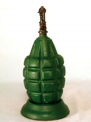 Vintage heavy green figural hand grenade table lighter with vintage fitment 5