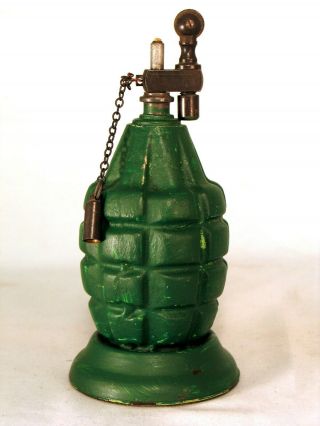 Vintage heavy green figural hand grenade table lighter with vintage fitment 7