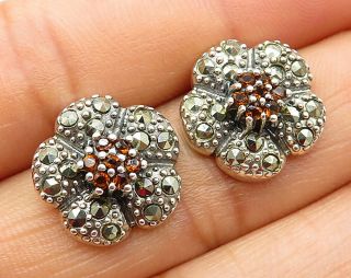 925 Sterling Silver - Vintage Sapphire & Marcasite Floral Stud Earrings - E3598