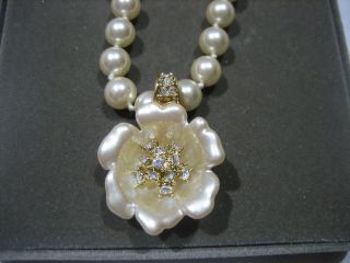 Signed Nolan Miller Blooming Flower Pearl Rhinestone Necklace W/box And