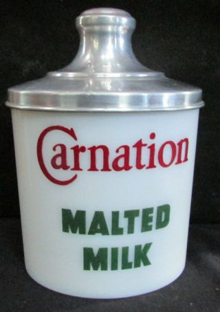 Vintage Carnation Malted Milk Glass Advertising Container Jar Counter Top Jar