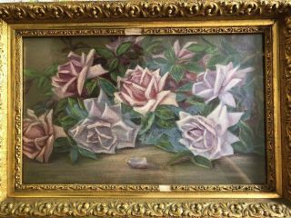 Vintage Oil Painting Faded Pink Roses Signed Framed 20x14” California