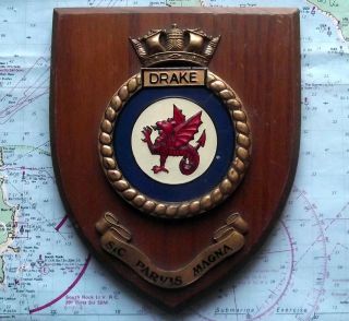 Vintage Hms Drake Painted Royal Navy Ship Badge Crest Shield Plaque B
