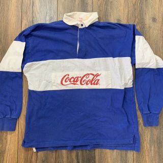 Vintage 1990s Coca Cola Royal Blue Color Block Collared Long Sleeve Shirt Size L