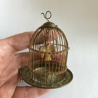 Charming Miniature Brass Wire Bird Cage W.  Bird On Swing Doll House Antique