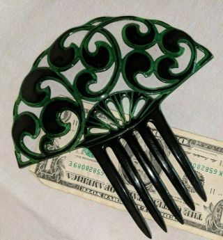 Gorgeous Vtg Antique Celluloid Hair Comb Large Clear Green & Black Art Deco