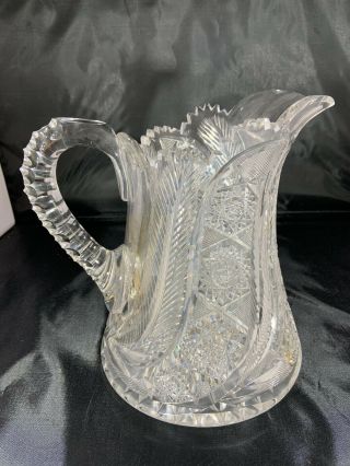 Vintage Cut Crystal 8.  25 " Pitcher W Notched Handle And Intricate Swirling Design