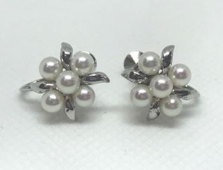 Vintage Sterling Silver Mikimoto Screw Back Earrings W/ 10 Pearls