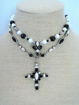 Stunning Vintage " Remy Dis,  Paris " White Black Glass Rhinestone Cross Necklace