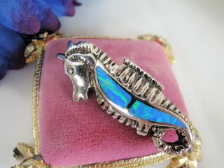 GORGEOUS HEAVY STERLING SILVER OPAL INLAY SEAHORSE BROOCH ESTATE COLLECTOR 2