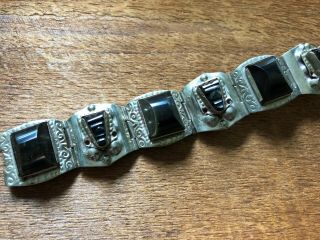 Vintage Mexican Sterling Silver Onyx Tribal Aztec Sytle Panel Bracelet