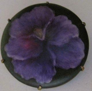 Gorgeous Antique Art Nouveau Hand Painted Porcelain Brooch Purple Pansy