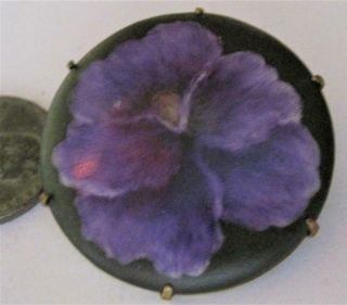 Gorgeous Antique Art Nouveau Hand Painted Porcelain Brooch Purple Pansy 2