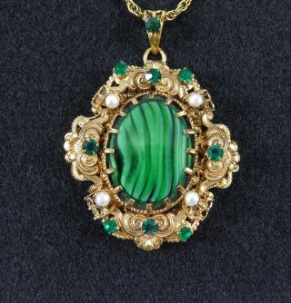 Vintage Pendant Necklace Green Rhinestones Faux Pearl Gold Filigree
