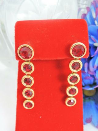 Signed S.  A.  L Vintage Swarovski Gold Plated Red Crystal 5 Drop Pierced Earrings