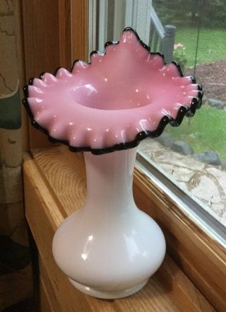 Vintage Fenton Black Rose Crest Jack In The Pulpit Vase Pink Cased Milk Glass