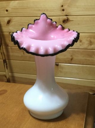 Vintage Fenton Black Rose Crest jack in the pulpit vase pink cased milk glass 2