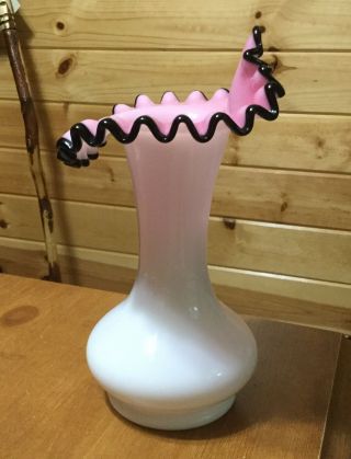 Vintage Fenton Black Rose Crest jack in the pulpit vase pink cased milk glass 3