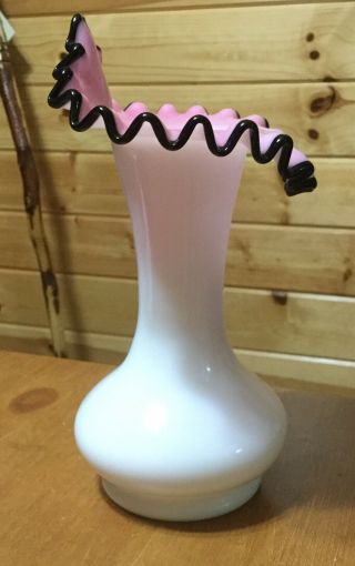 Vintage Fenton Black Rose Crest jack in the pulpit vase pink cased milk glass 5