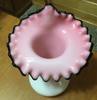 Vintage Fenton Black Rose Crest jack in the pulpit vase pink cased milk glass 6