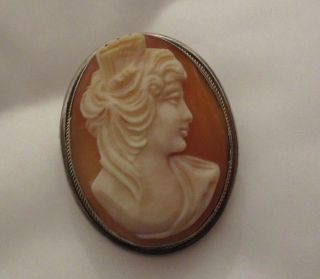 Beautful Vintage Italian Carved Lady Comb Shell Cameo Pendant Brooch Silver Gold