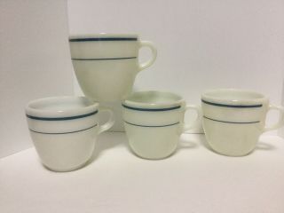 Set Of Four (4) Vintage Pyrex Restaurant Ware Coffee Cups.  Blue/teal
