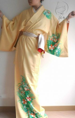 Vintage Japanese Long Silk Kimono Robe Tsukesage Visiting Yellow Maxi Gown Boho