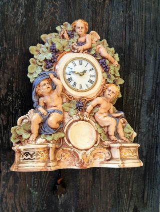 Vintage Large Mantle Clock Hand - Painted Figural Cherubs Angels,  Newell Ceramic