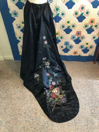 Antique Wedding Skirt 1880 Hand Painted Flowers On Black Silk - Piece