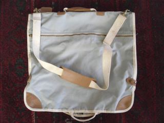 Ll Bean Duck Egg Blue Canvas & Brown Leather Garment Bag Travel Luggage Vintage