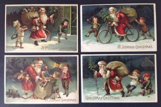 Vintage Santa Claus Postcards - Set Of 4 - Santa With Children,  Toy Sack,  Bicycle