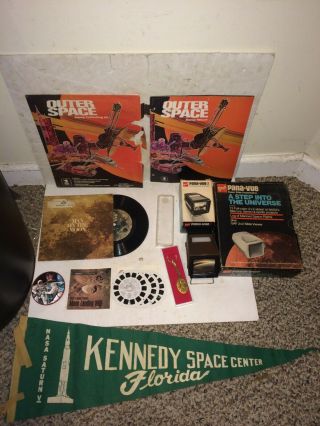 Vintage Apollo 11 Moon Landing Collectible Items,  Pennant,  Slides,  Record,  Stamps