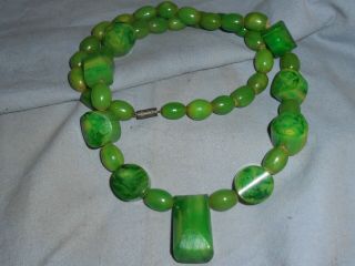 Creamed Spinach Green Bakelite Necklace 26 Inches Long With Varied Beads