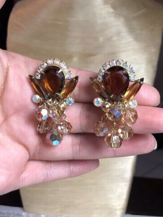 Vtg D&e Juliana Bead Dangle Earrings Verified Crystal Rhinestone Topaz