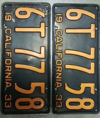 Vintage 1933 California License Plate Matching Number Set Pair
