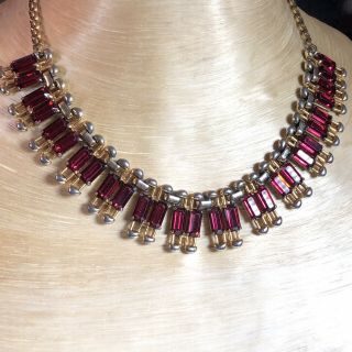 Vtg Art Deco Ruby Red Rhinestone Necklace Choker Baguette